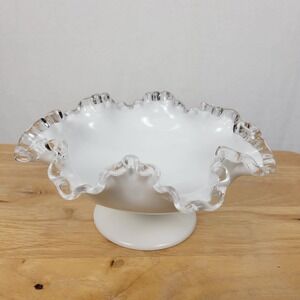 Vintage White Milk Glass Ruffled Edge Pedestal Bowl Cottagecore Grandmillennial‎